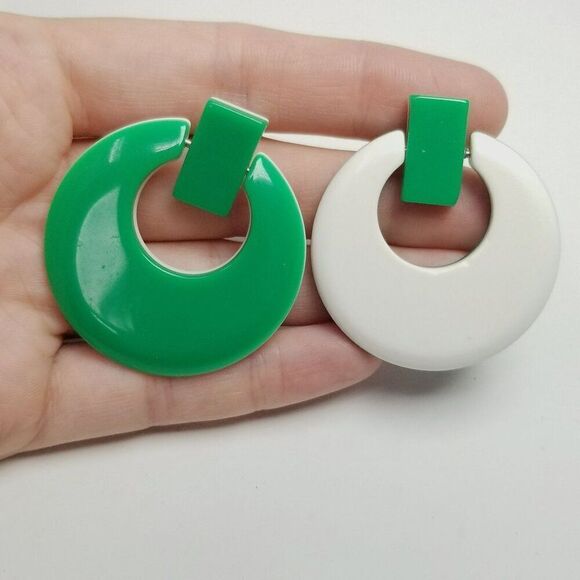 Vintage Green And White Reversible Doorknocker Stud Hoop Earrings, Plastic Retro - Picture 1 of 7